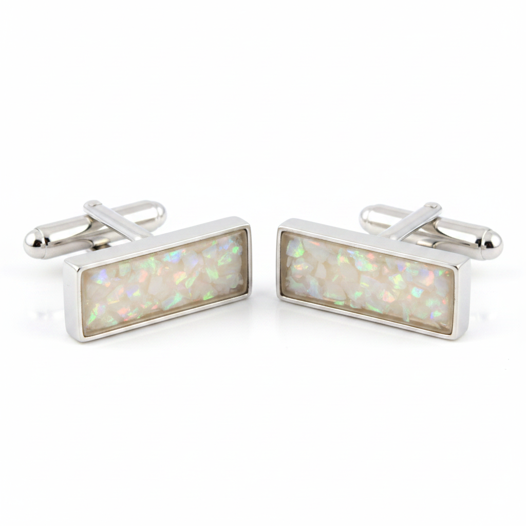 Silver 925 flat rectangular cufflinks with white pearl opal resin in 22x7mm bezel setting on white background