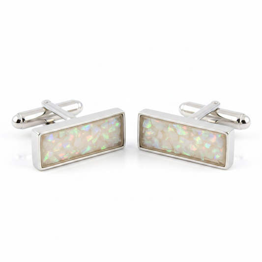 Silver 925 flat rectangular cufflinks with white pearl opal resin in 22x7mm bezel setting on white background