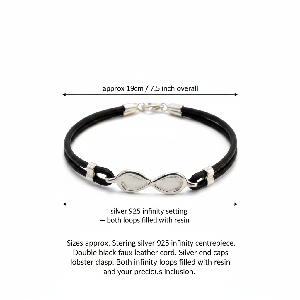 Silver 925 infinity memorial bracelet dimensions guide — approx 19cm / 7.5 inch, dual infinity loop resin settings, silver lobster clasp