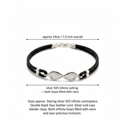 Silver 925 infinity memorial bracelet dimensions guide — approx 19cm / 7.5 inch, dual infinity loop resin settings, silver lobster clasp