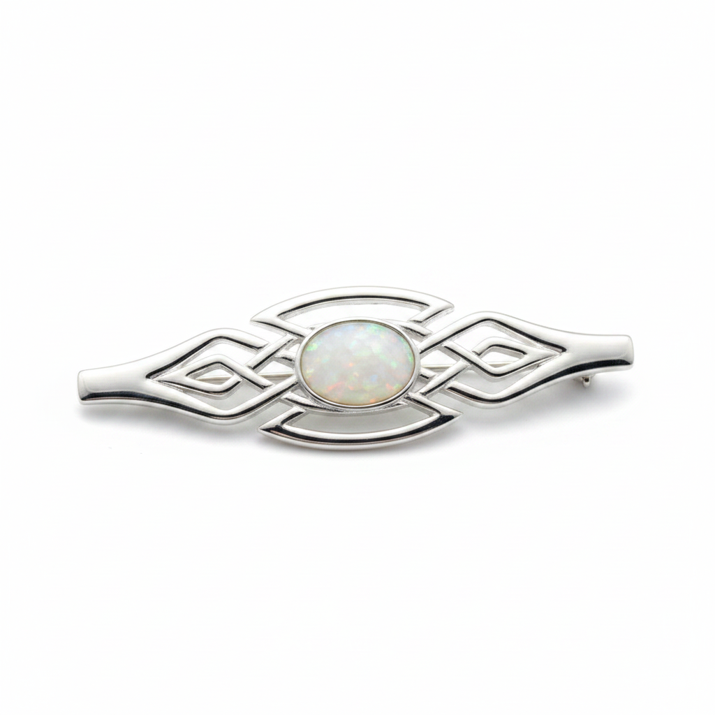 Silver 925 Celtic bar brooch with white pearl opal resin in 8x6mm central setting on white background