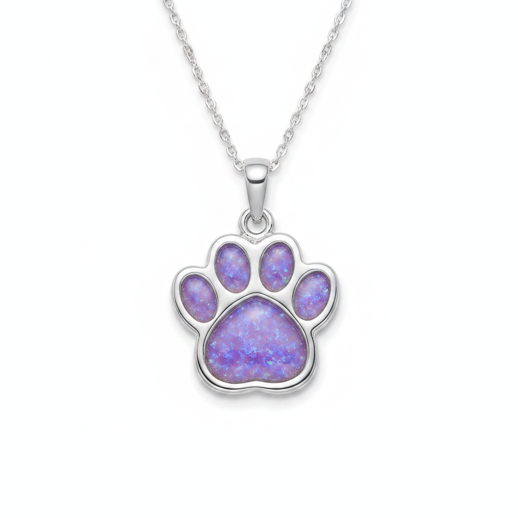 Silver 925 dog paw print memorial pendant — lavender purple opal flakes resin in all five pad settings