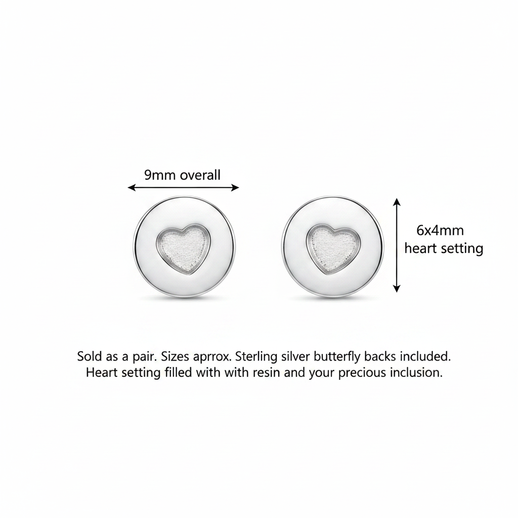 Silver 925 round disc heart memorial stud earrings dimensions guide — 9mm overall disc, 6x4mm heart setting, sold as pair