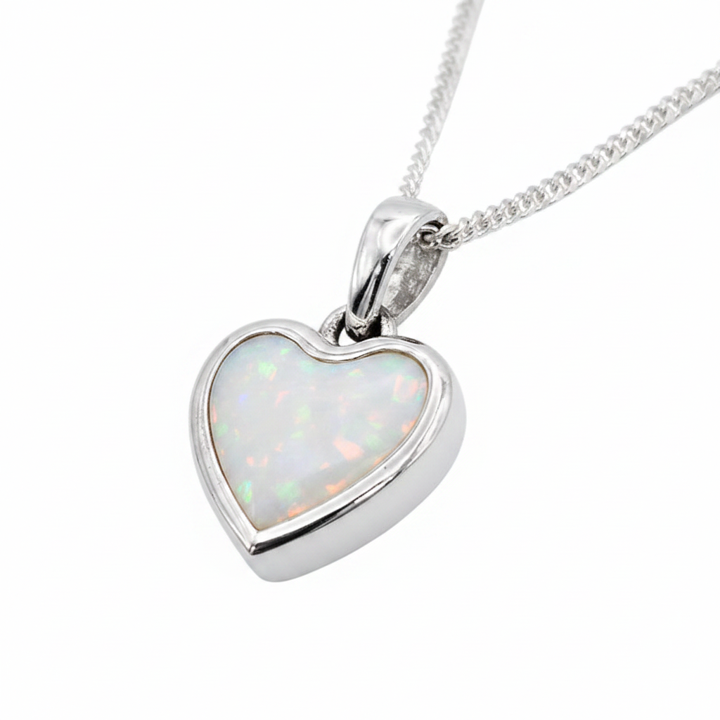 Bubble Heart Thick Trim 925 Silver Memorial Pendant with white pearl opal resin — white background