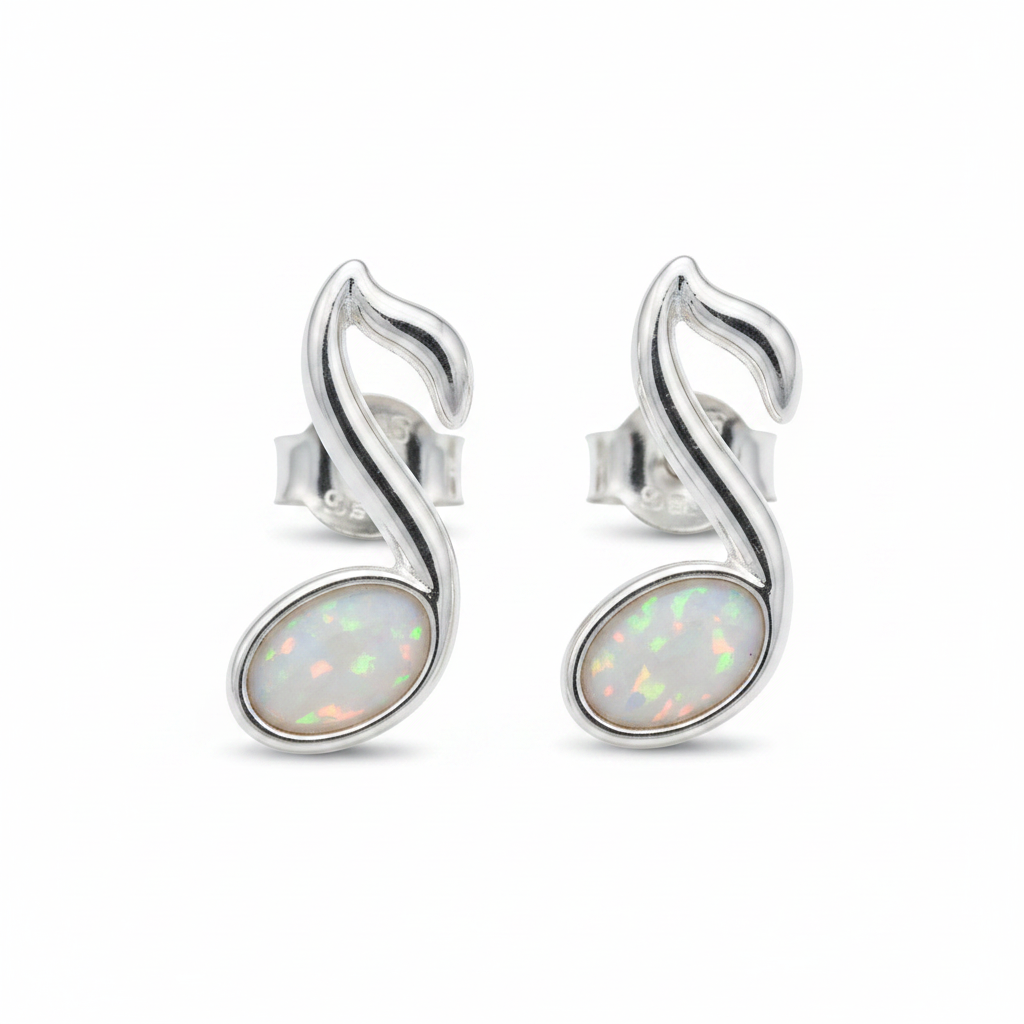 Silver 925 music note memorial stud earrings — white pearl opal flakes resin in 6x4mm oval setting