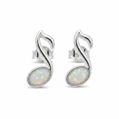 Silver 925 music note memorial stud earrings — white pearl opal flakes resin in 6x4mm oval setting