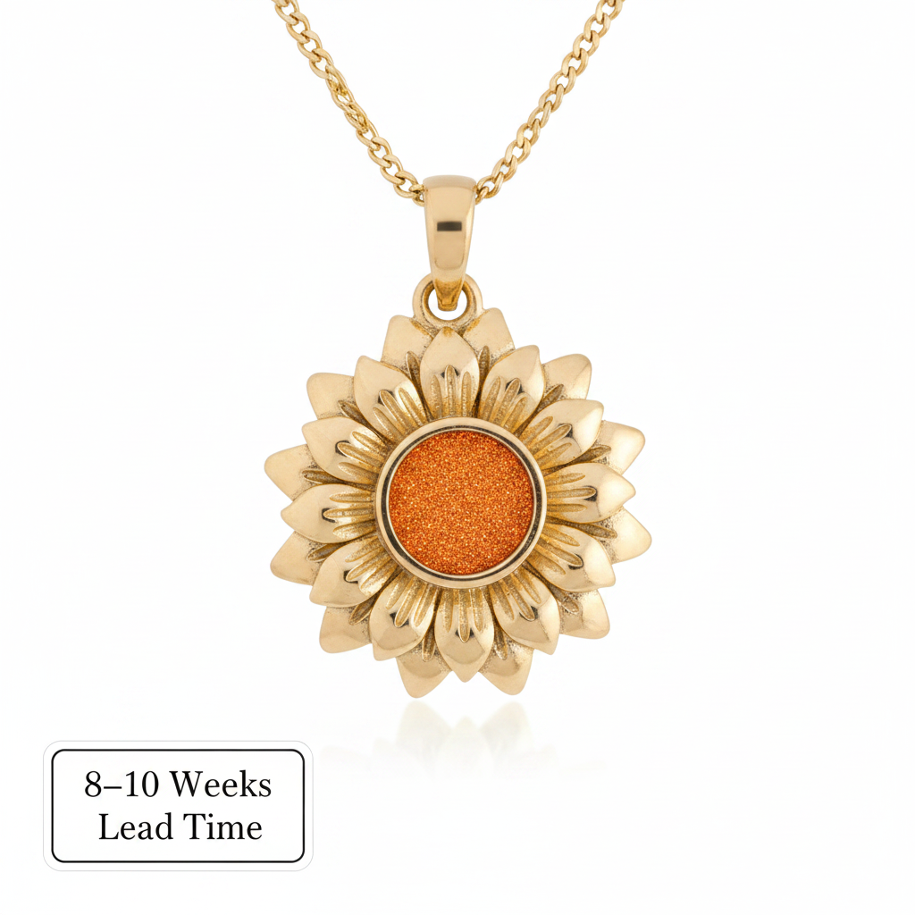 9ct Gold Realistic Sunflower Pendant — orange mica powder in centre bezel, white background