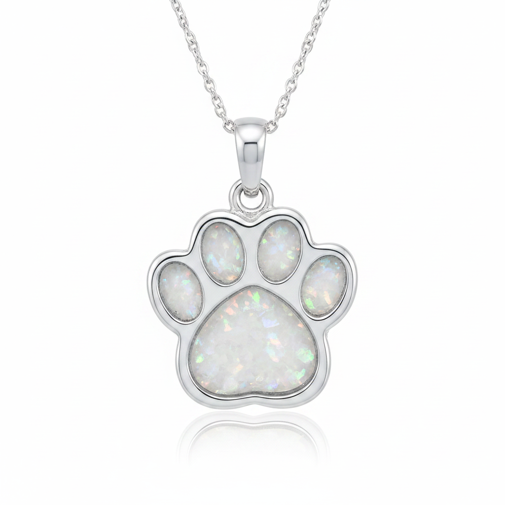 Silver 925 dog paw print memorial pendant — white pearl opal flakes resin in all five pad settings