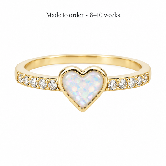 Illustrative 9ct gold Heart Multi CZ Shank ring with pearl white opal resin inclusion