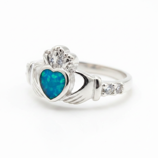 Silver 925 Claddagh memorial ring — blue teal opal flakes resin in heart-shaped 6x5mm setting, CZ crown and shank stones