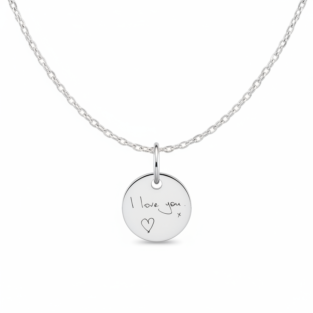 Delicate 10mm recycled sterling silver round tag pendant with laser engraved handwriting on fine silver chain — Lovely Oxford