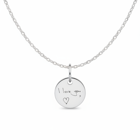 Delicate 10mm recycled sterling silver round tag pendant with laser engraved handwriting on fine silver chain — Lovely Oxford