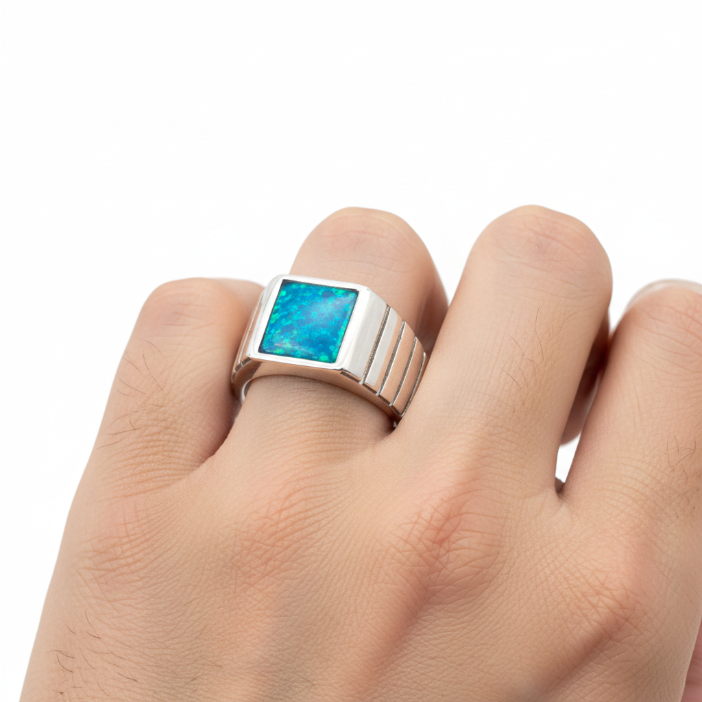 Gents Square Line 925 Silver Signet Ring worn on man's hand — lifestyle shot, white background