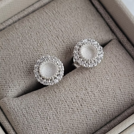 Silver 925 CZ halo stud earrings in jewellery box — blank silver