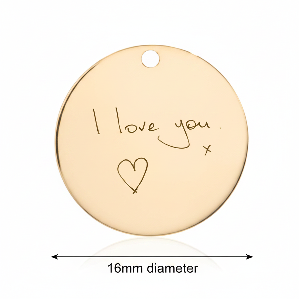 9ct solid yellow gold disc pendant 16mm with laser engraved handwriting flat lay dimensions — Lovely Oxford