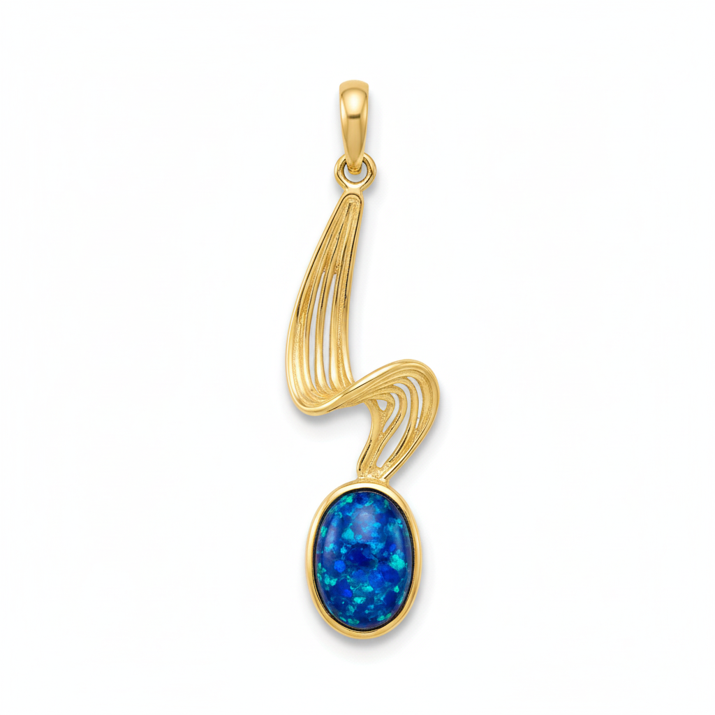 9ct gold wave memorial pendant with deep blue iridescent opal flakes – white background