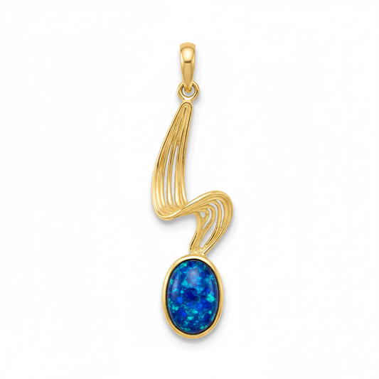 9ct gold wave memorial pendant with deep blue iridescent opal flakes – white background