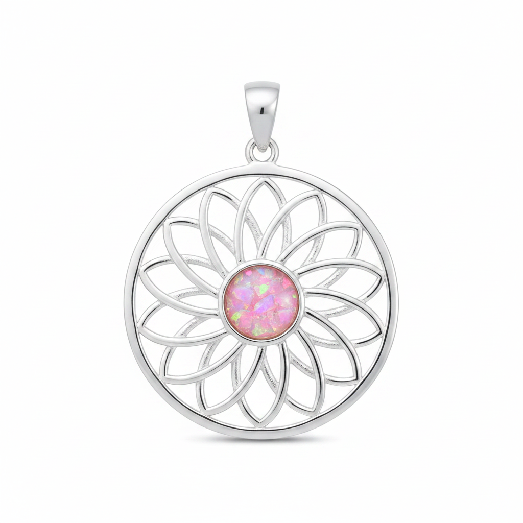 Silver 925 sunflower mandala memorial pendant with pink opal flakes, white background