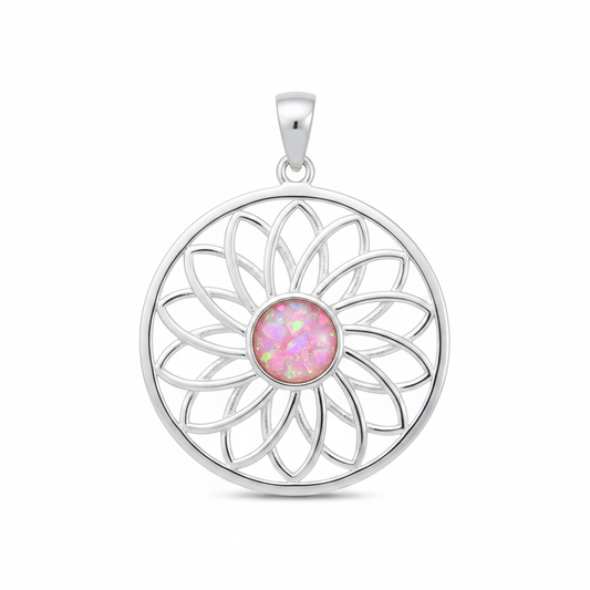 Silver 925 sunflower mandala memorial pendant with pink opal flakes, white background
