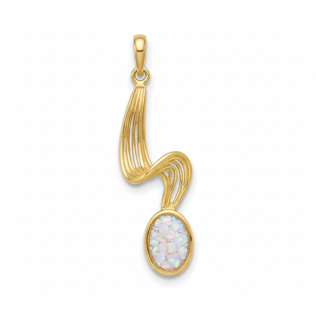 9ct gold wave memorial pendant with white pearl iridescent opal flakes – white background