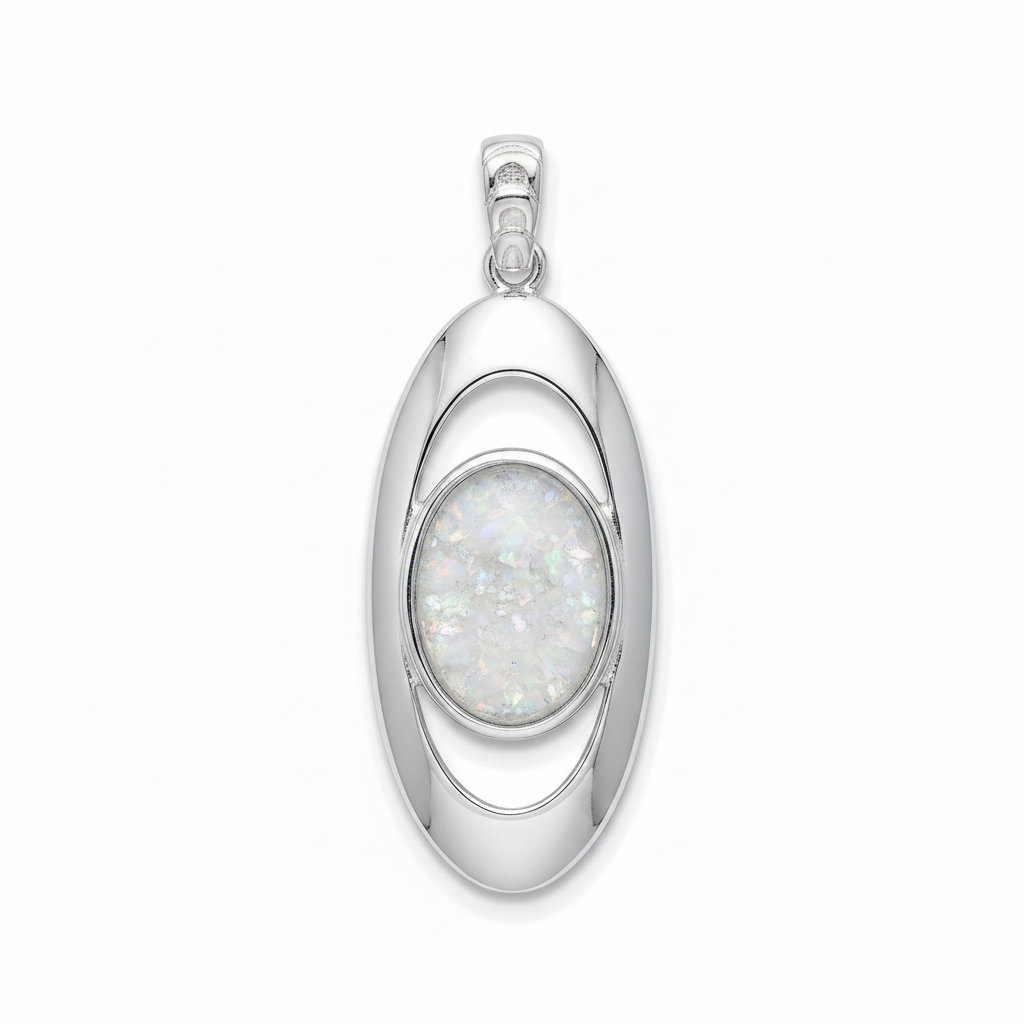 Silver 925 oval orbit memorial pendant with white opal and mica, white background