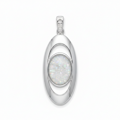 Silver 925 oval orbit memorial pendant with white opal and mica, white background