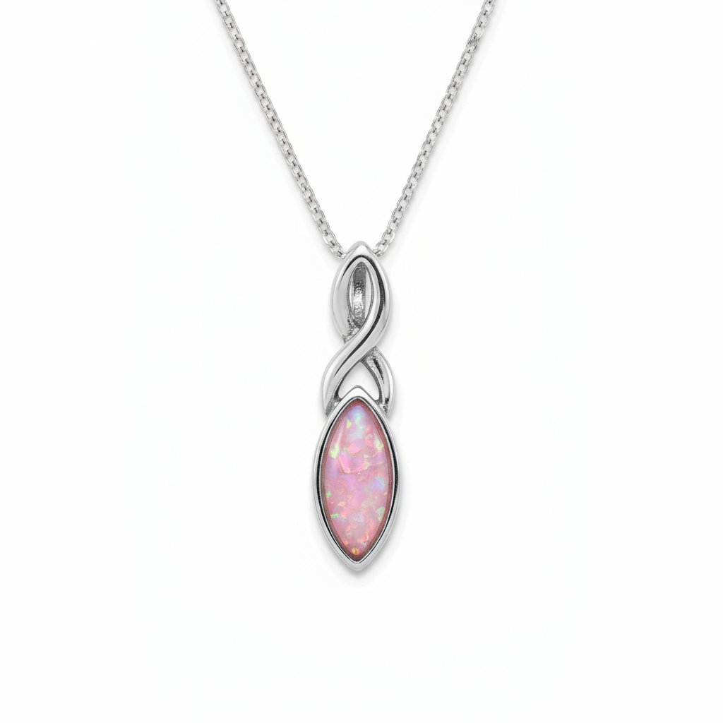 Silver 925 Celtic twist marquise memorial pendant with pink opal resin on chain, white background