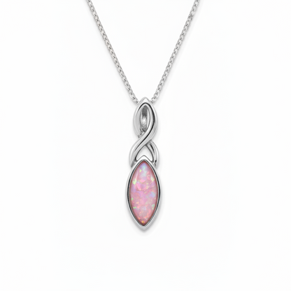 Silver 925 Celtic twist marquise memorial pendant with pink opal resin on chain, white background