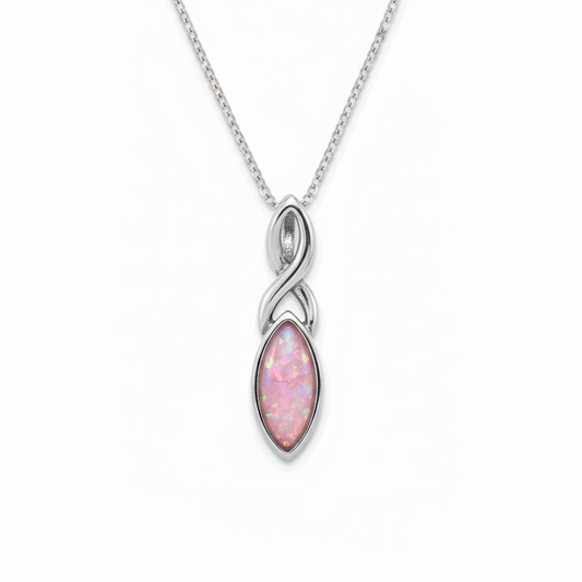 Silver 925 Celtic twist marquise memorial pendant with pink opal resin on chain, white background