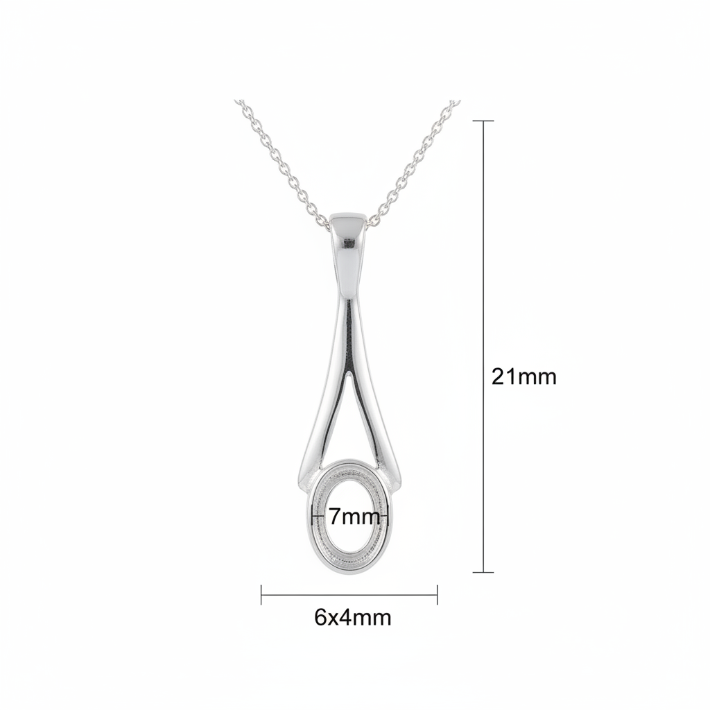 Silver 925 wishbone split teardrop memorial pendant dimensions — 21x7mm overall, 6x4mm oval setting