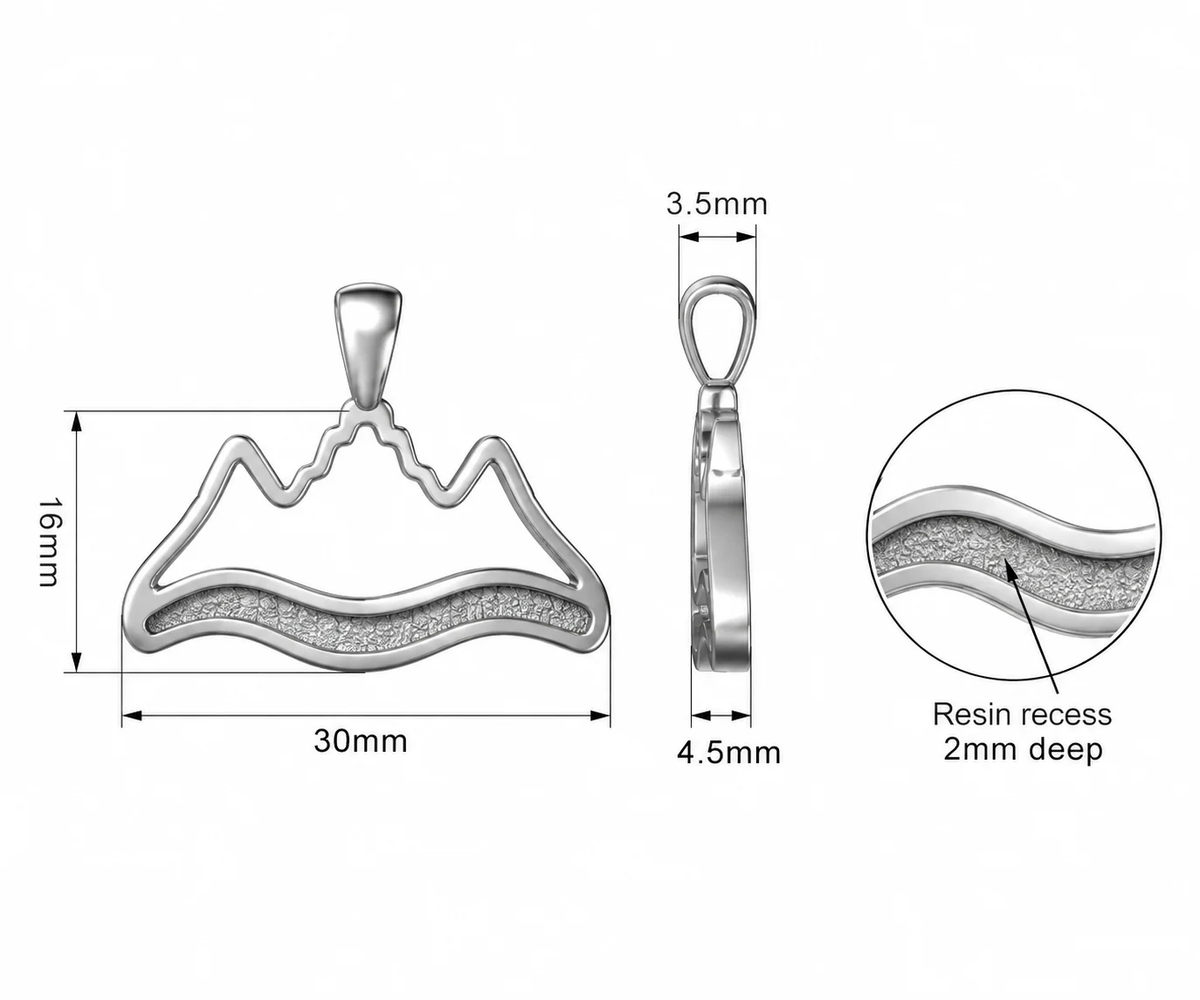 Dimensions guide: pendant 30 mm wide, 16 mm tall, 4.5 mm deep, 2 mm resin recess