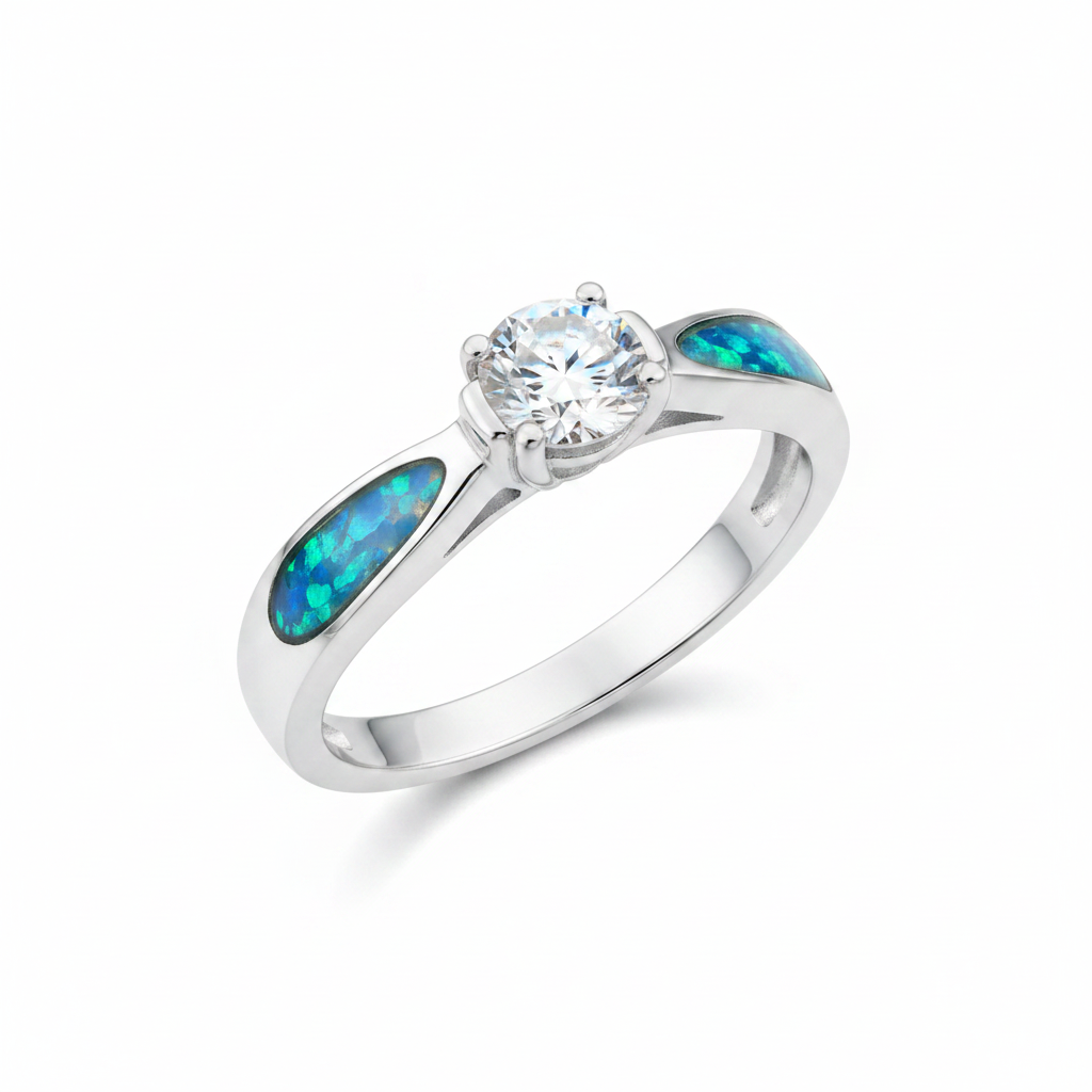 Solitaire CZ 925 silver ring with blue teal opal resin 3/4 angle view white background