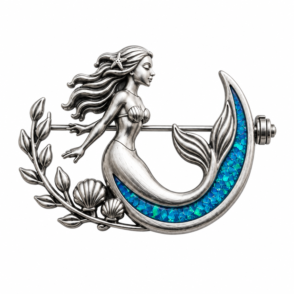 Mermaid memorial brooch with blue teal opal resin