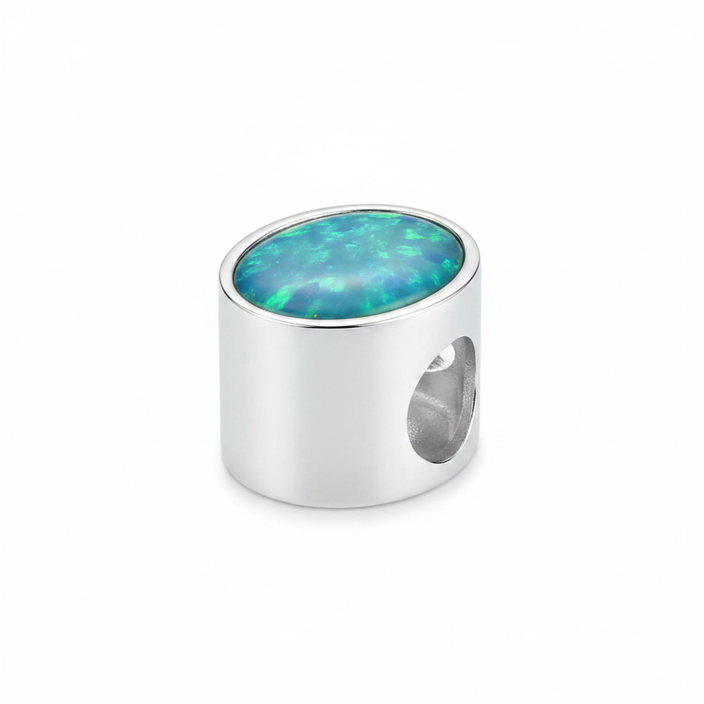 Silver Oval Cabochon Bead 925 Silver Memorial Charm – blue teal opal inclusion