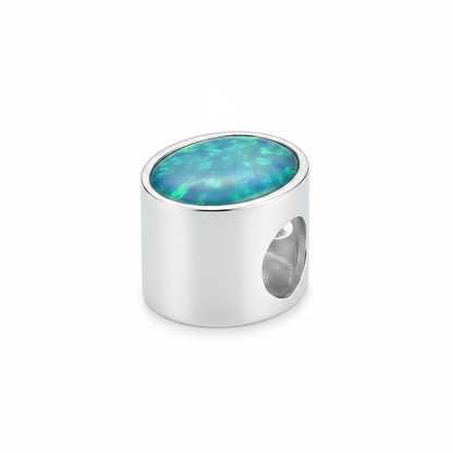 Silver Oval Cabochon Bead 925 Silver Memorial Charm – blue teal opal inclusion