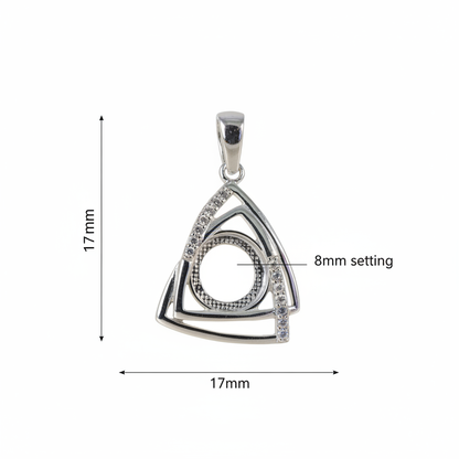 Silver 925 geometric triangle CZ memorial pendant dimensions — 17mm overall, 8mm round centre
