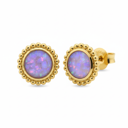 Gold bead edge round stud earrings with lavender opal memorial resin