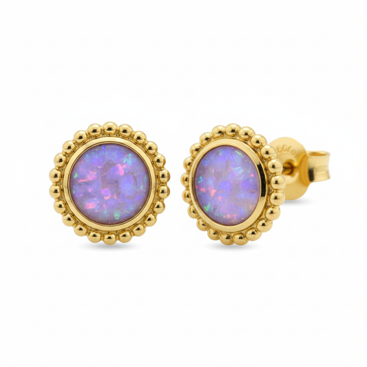 Gold bead edge round stud earrings with lavender opal memorial resin