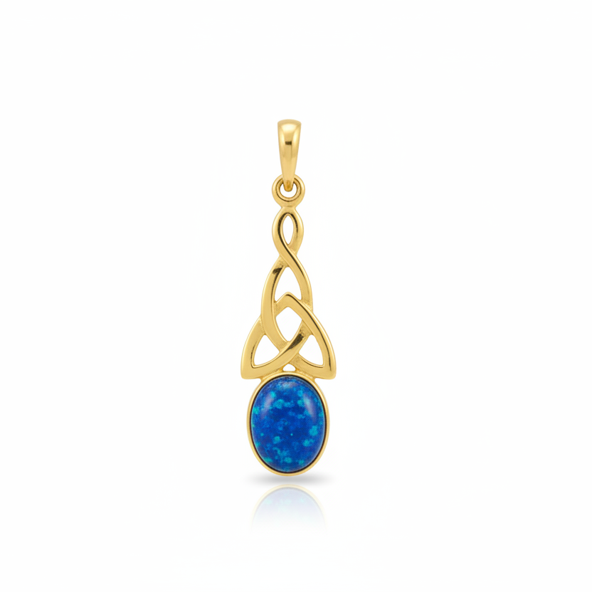 9ct gold Celtic memorial pendant with deep blue iridescent opal flakes