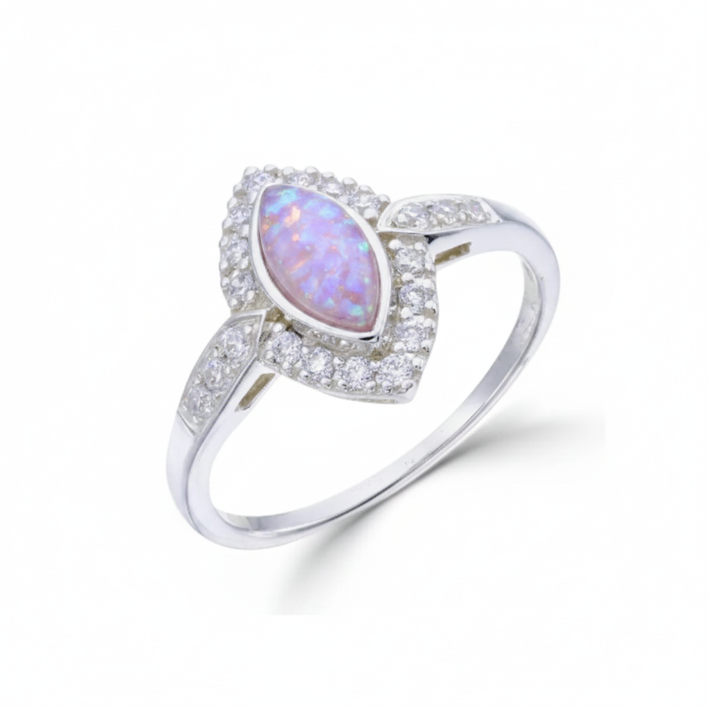 Marquise CZ Halo Memorial Ring 925 Sterling Silver with lavender purple opal flake inclusion