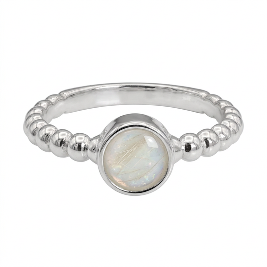 Illustrative silver bobble memorial ring with pearl white opal and fur
