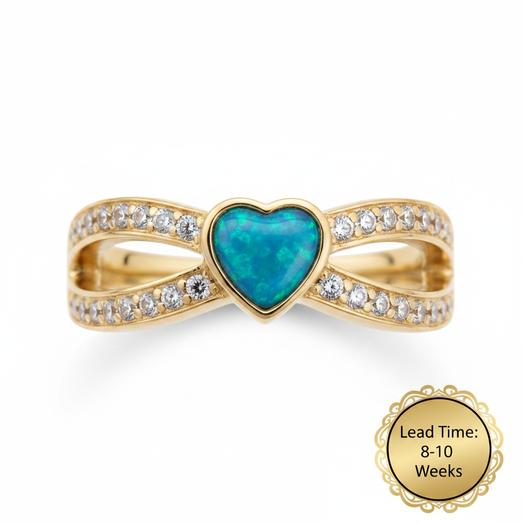 9ct gold heart split shank CZ ring with blue teal opal resin in heart bezel, white background, lead time 8-10 weeks sticker
