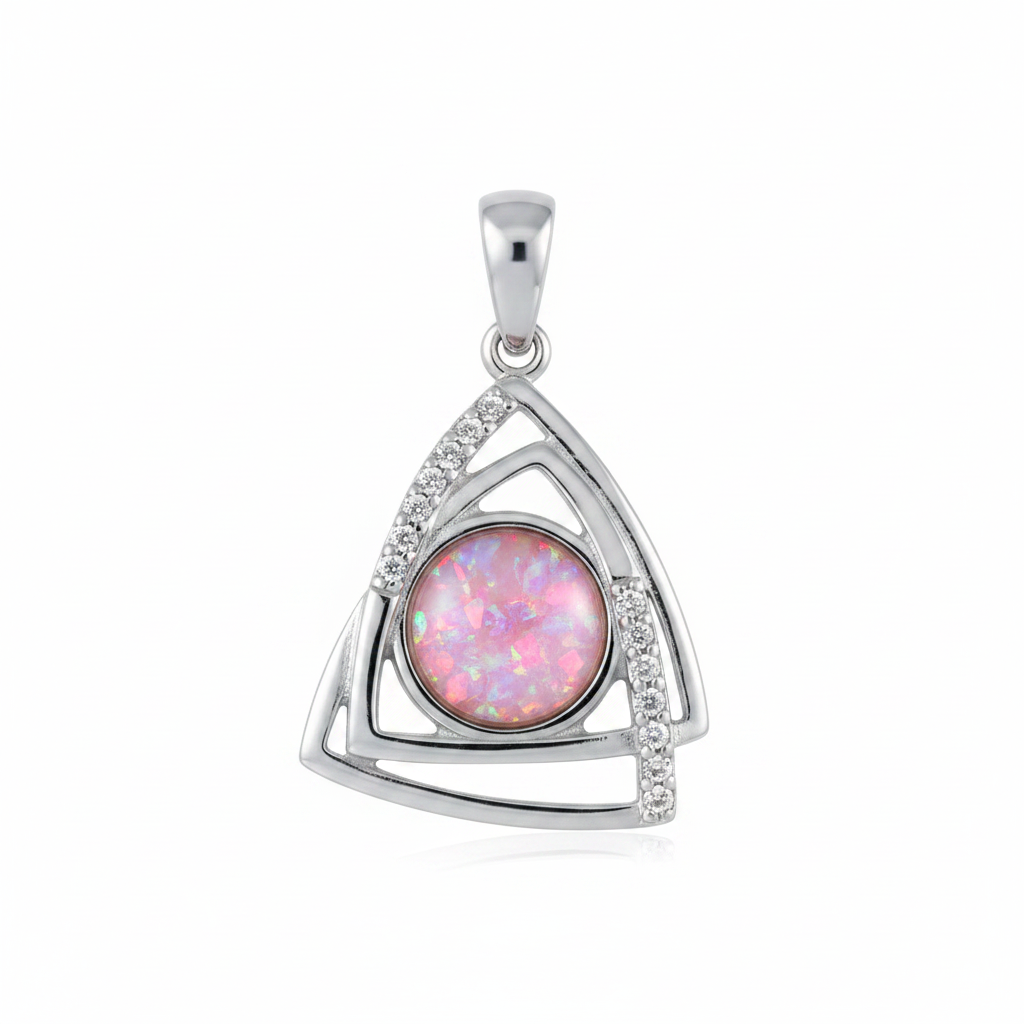Silver 925 geometric triangle CZ memorial pendant with pink opal flakes, white background