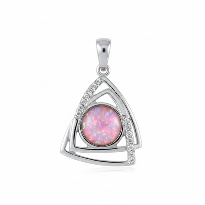Silver 925 geometric triangle CZ memorial pendant with pink opal flakes, white background
