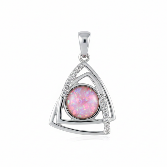 Silver 925 geometric triangle CZ memorial pendant with pink opal flakes, white background