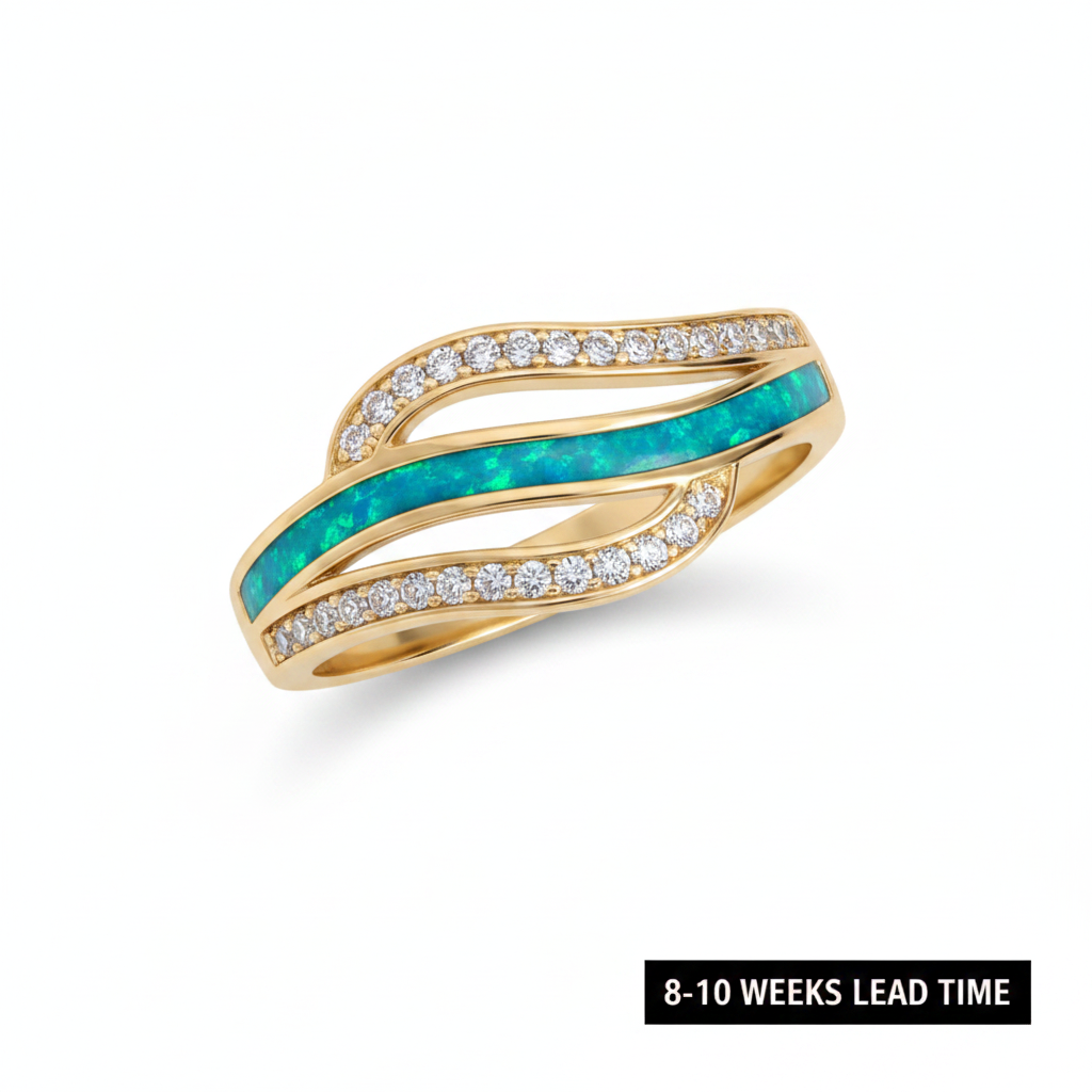 9ct yellow gold crystal triple wave CZ band ring with blue teal opal resin in centre channel, white background, 8-10 weeks lead time