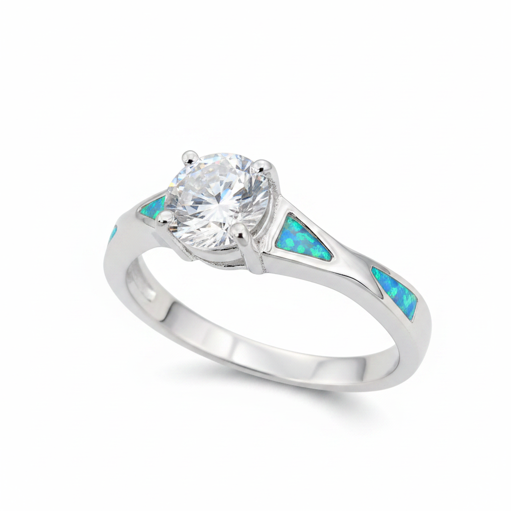 Twisted channel solitaire 925 silver ring with blue teal opal resin in triangular shoulder channels on white background