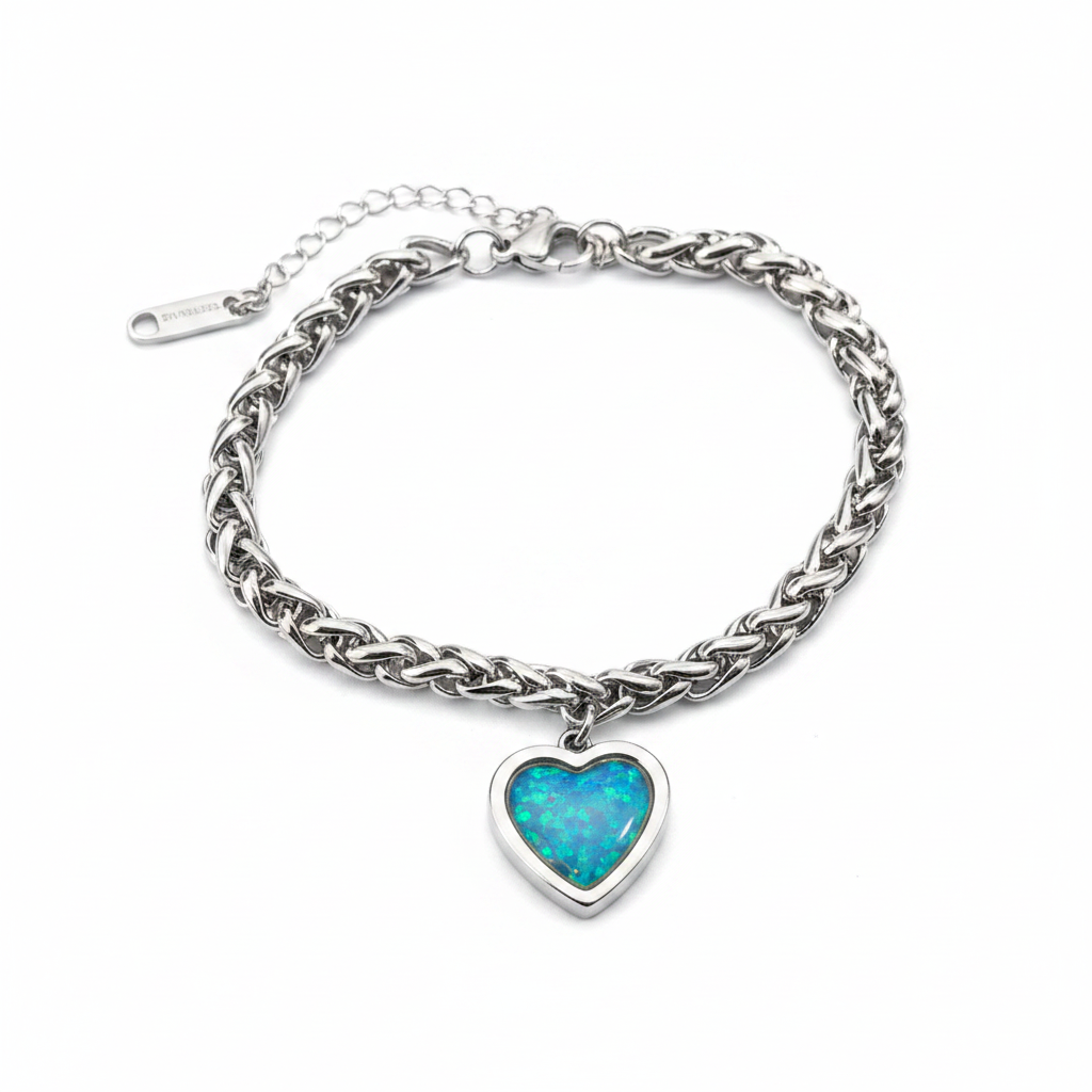Chunky heart charm memorial bracelet with blue teal opal resin inclusion - stainless steel wheat chain