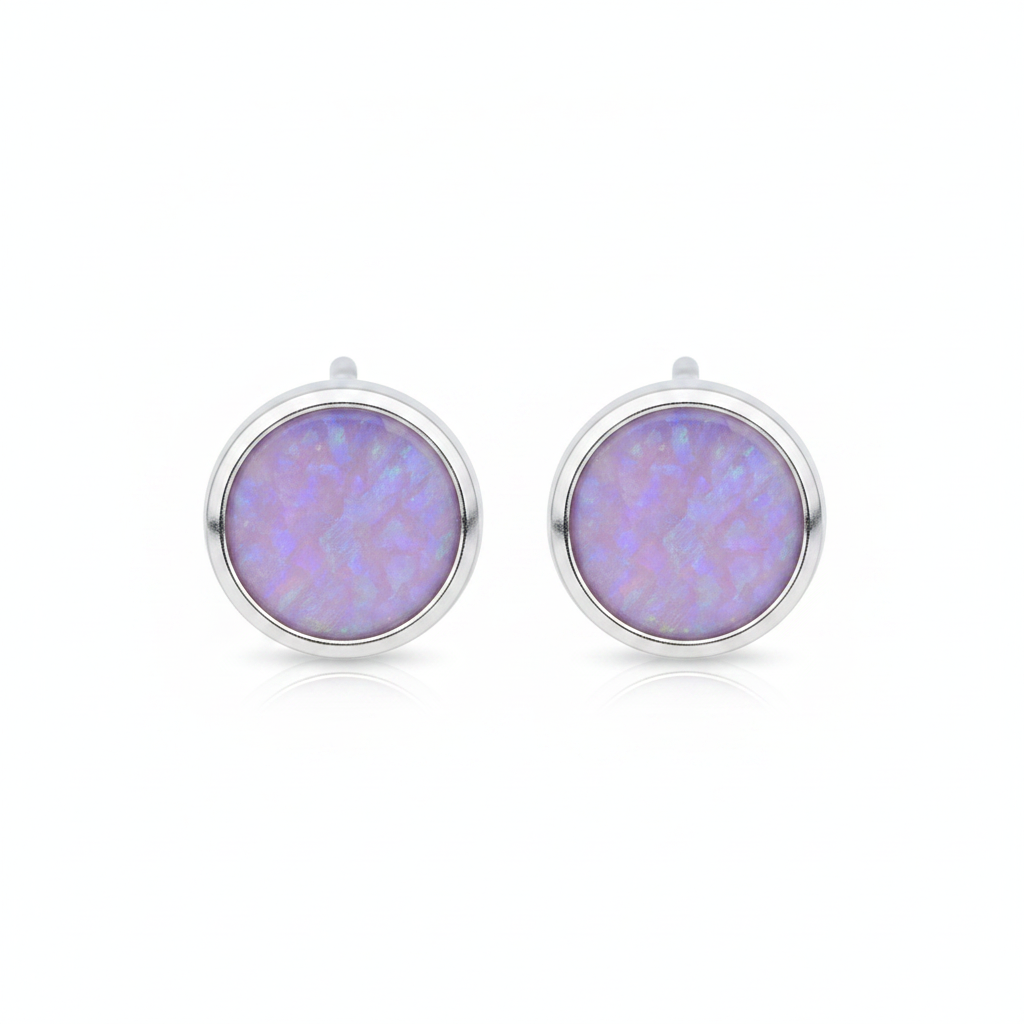 Silver 925 round bezel stud earrings — lavender purple opal resin, white background