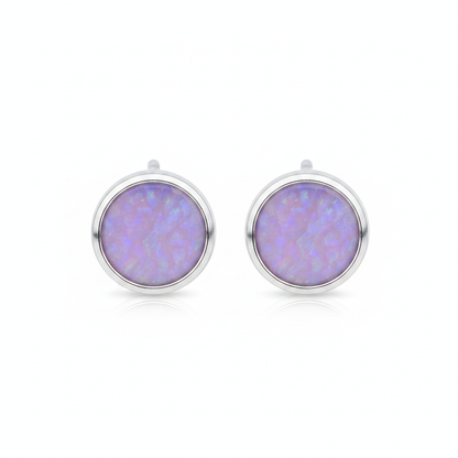 Silver 925 round bezel stud earrings — lavender purple opal resin, white background